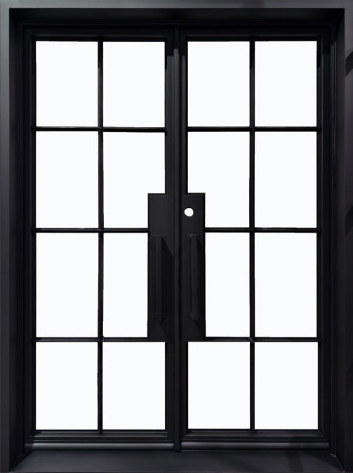 French Style Square Top Double Wrought Iron Entry Doors with Kickplate and Scroll Detailing Model # IWD 1001