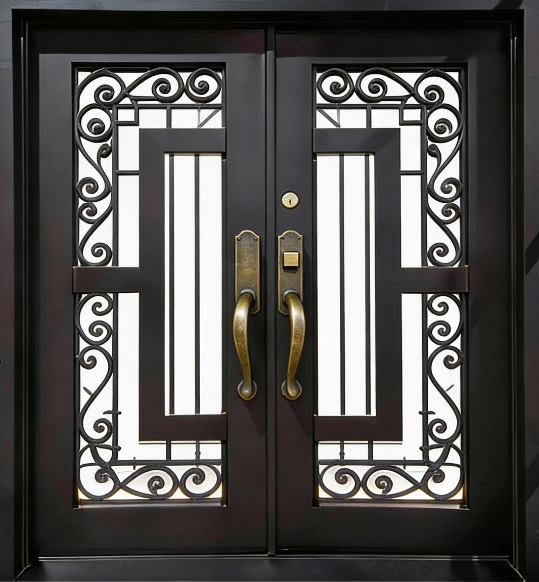 Modern Wrought Iron Door with Square Top and Vertical Panel Cutouts – Model # IWD1002