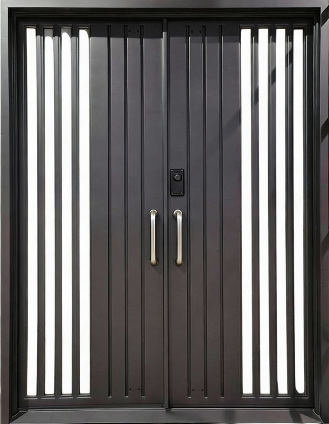 Modern Wrought Iron Door with Square Top and Vertical Light Channel Design – Model # IWD1003