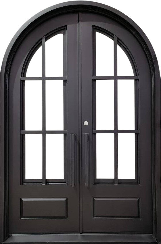 French Style Arched Wrought Iron Double Entry Doors with Kickplate and Ornamental Scrollwork Model # IWD 1004