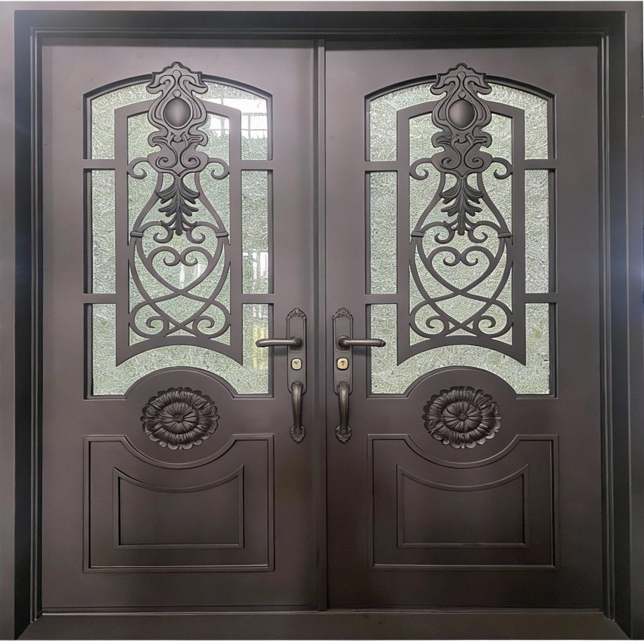 Wrought Iron Double Door with Square Top, Textured Glass Panels, and Ornamental Scrollwork – Model # IWD1006