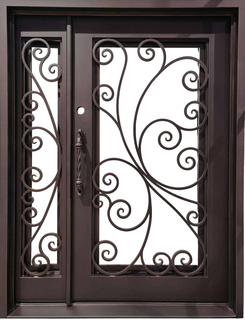 Wrought Iron Double Door with Square Top and Ornamental Scroll Panels – Model # IWD 1008