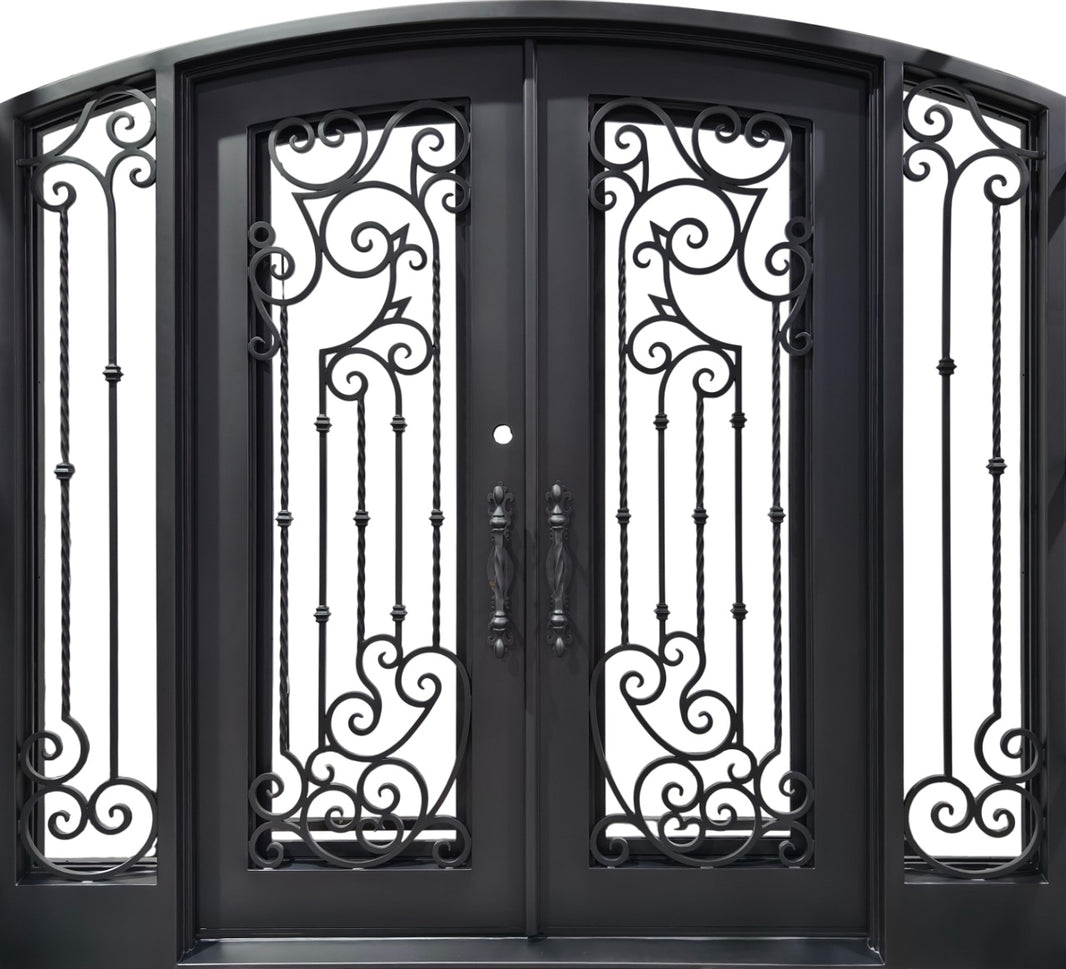 Wrought Iron Double Door with Square Top and Twisted Scroll Clusters – Model # IWD 1013