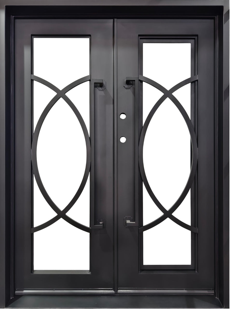 Wrought Iron Double Door with Square Top and Oval Scroll Glass Panel – Model # IWD 1014