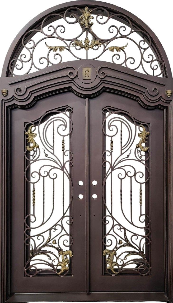 Arched Wrought Iron Double Door with Gold Accent Scrollwork and Custom Monogram – Model # IWD 1020