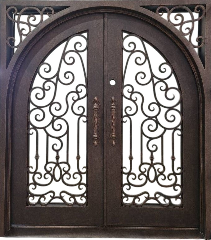 Arched Wrought Iron Entry Door Scrollwork Design with Integrated Kickplate Model IWD 1027
