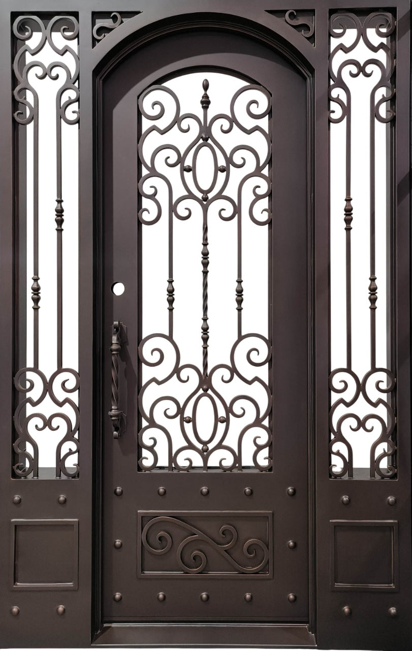 Ornamental Scroll Pattern Wrought Iron Entry Door Dual Side Panels Model IWD 1035