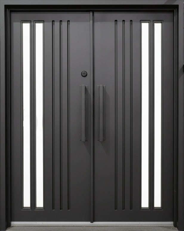 Strap Detail Wrought Iron Entry Door Square Top with Kickplate Model IWD1037