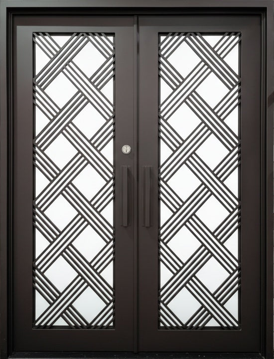 Geometric Wrought Iron Double Entry Door – Diamond Grid with Kickplate Model IWD1044