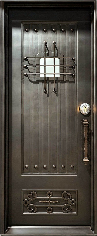 Historical Barn-Style Wrought Iron Entry Door – Square Top with Kickplate | Black Powder-Coated Finish | Model IWD1045