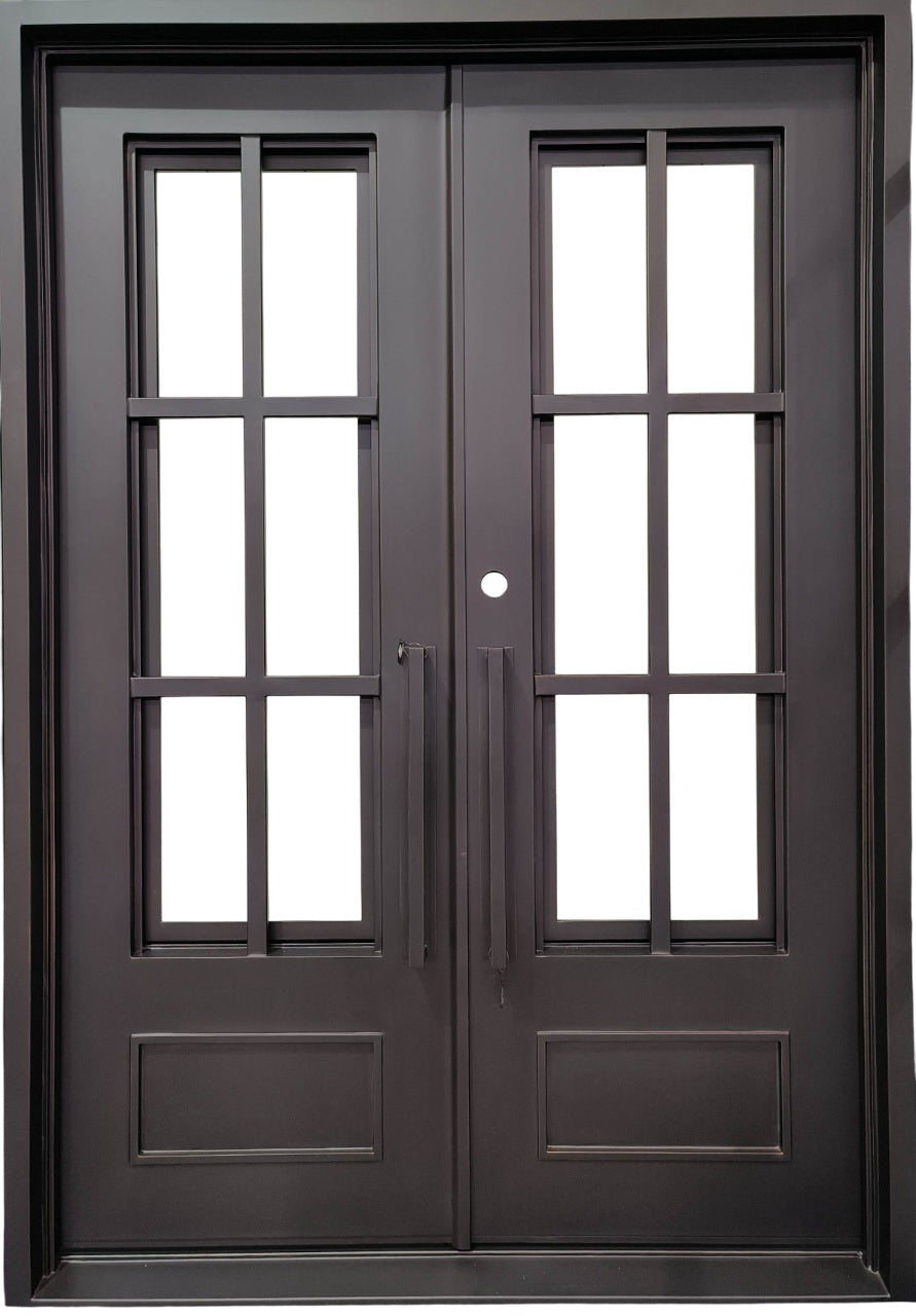 French Style Square Top Wrought Iron Entry Door with Decorative Scrollwork and Kickplate Panel Model # IWD 1046