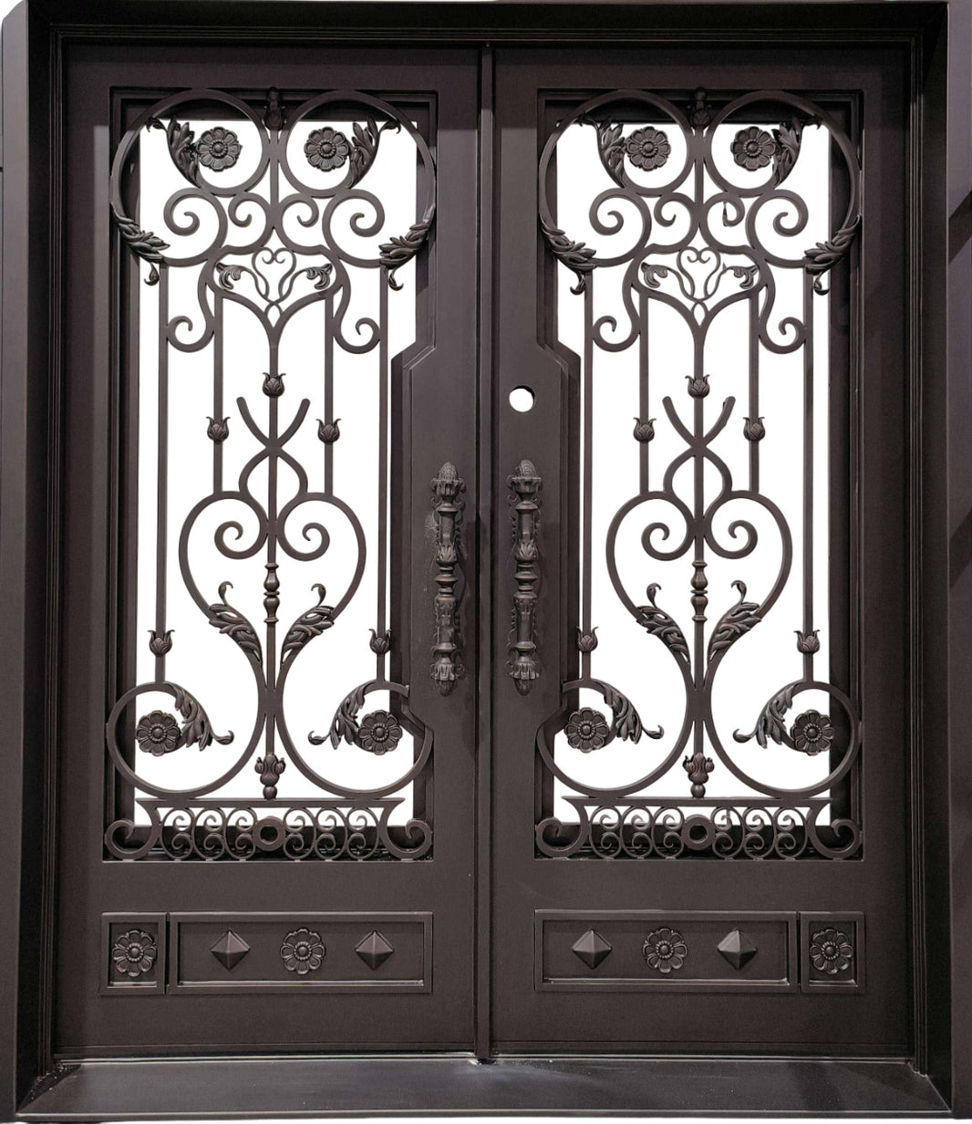 Artisan Wrought Iron Double Door – Ornate Floral Scrollwork with Kickplate Model IWD 1047