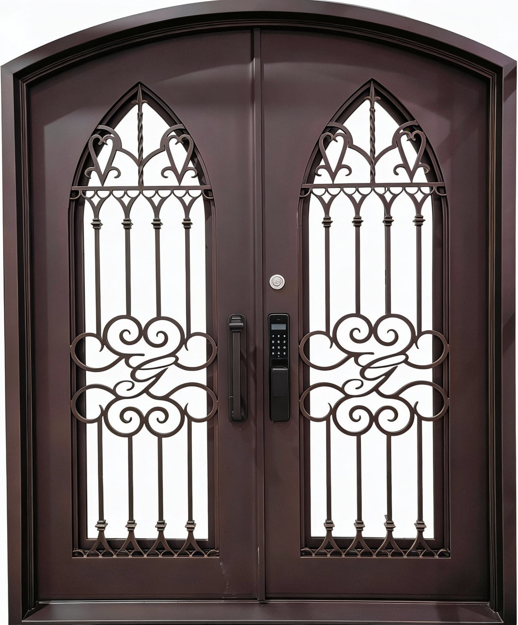 Double Arched Wrought Iron Entry Doors – Gothic Panels with Monogram “G” Scrollwork | Black Powder-Coated Finish | Model IWD1054