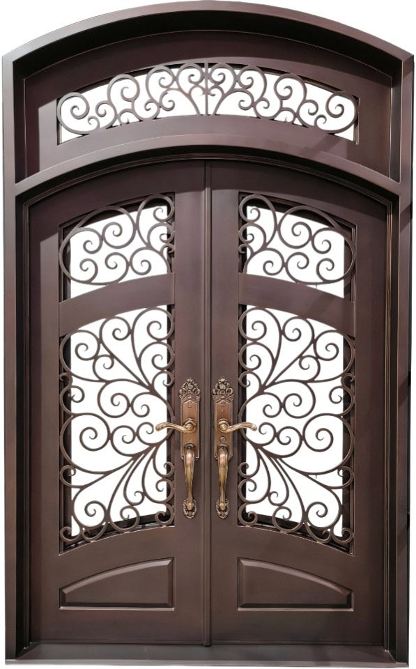 Elegant Double Wrought Iron Entry Doors – Scrollwork with Arched Transom & Wood-Tone Finish | Model IWD1055