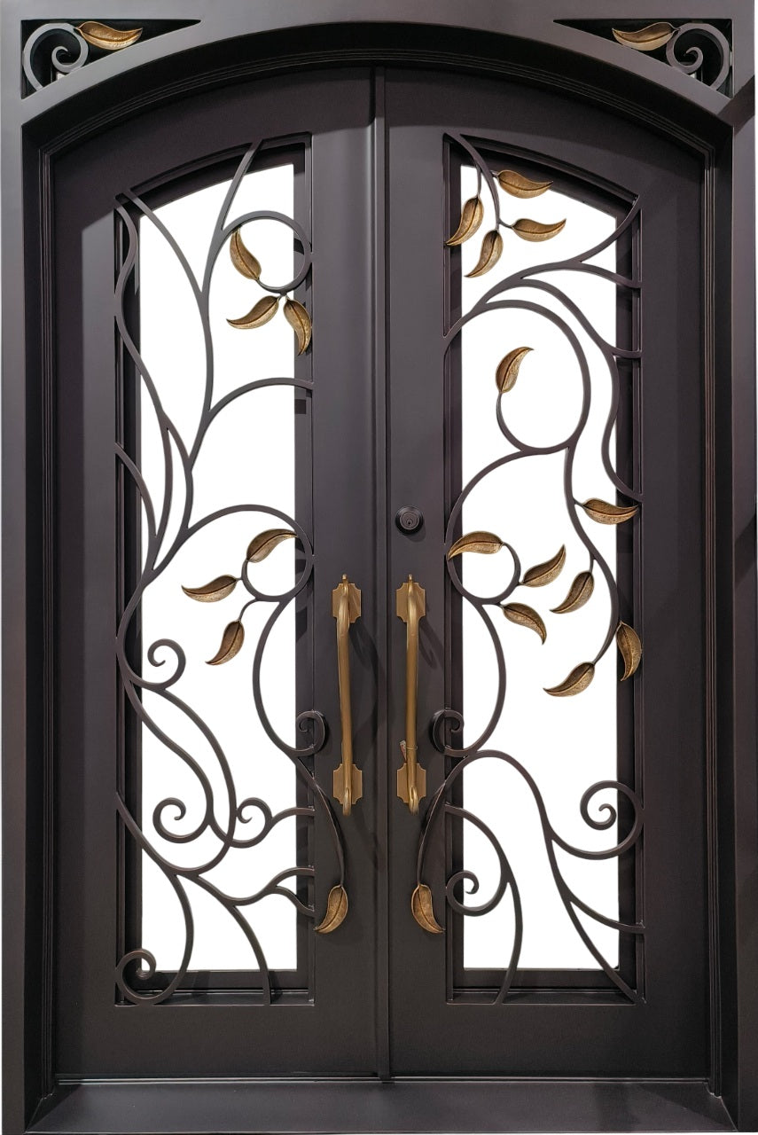 Double Wrought Iron Entry Doors – Black & Gold Leaf Scrollwork with Arched Frame | Model IWD 1059