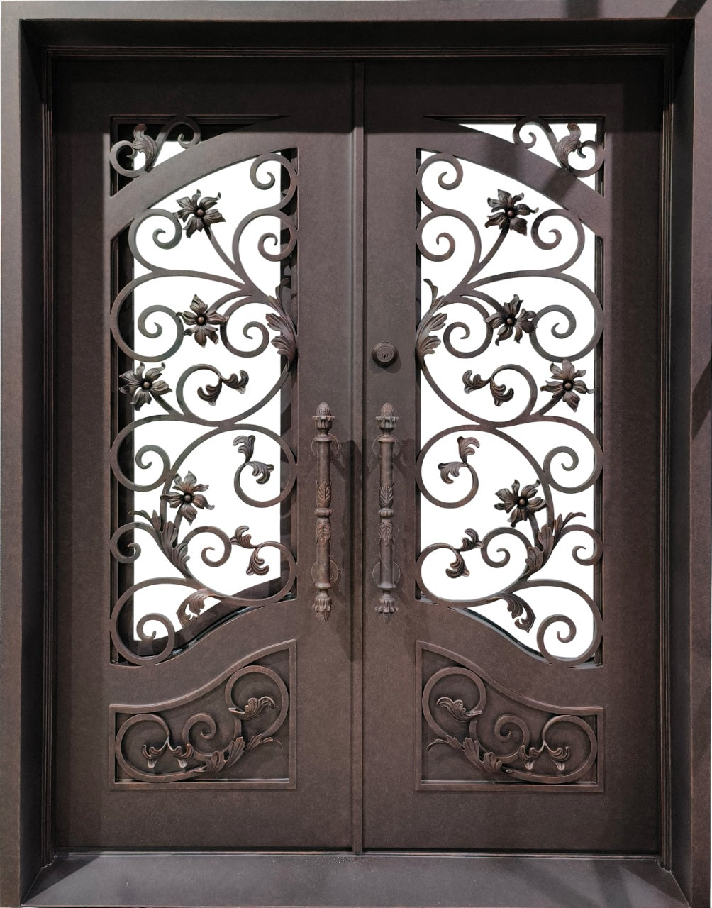Decorative Double Wrought Iron Entry Doors – Floral Scrollwork with Central Pull Handles | Black Finish | Model #IWD 1061