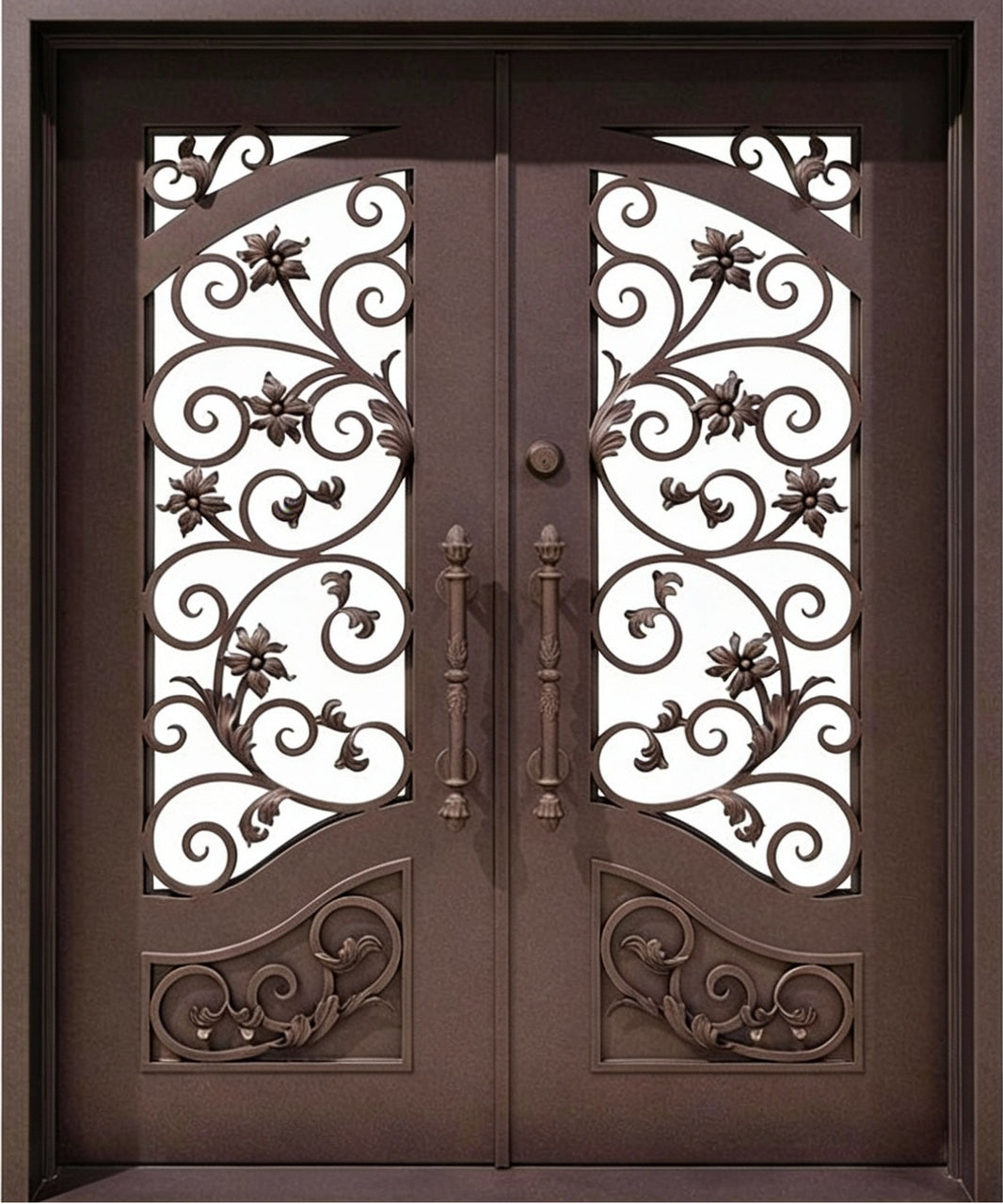 Decorative Double Wrought Iron Entry Doors – Floral Scrollwork with Central Pull Handles | Black Finish | Model # IWD1061