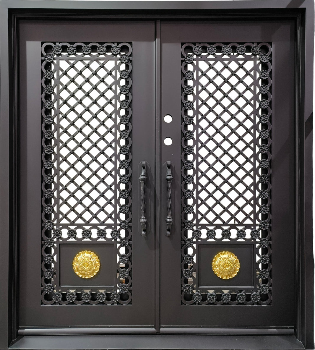 Ornate Double Door – Black Wrought Iron with Gold Medallions | Scrollwork Design & Kickplate | Model #IWD 1066