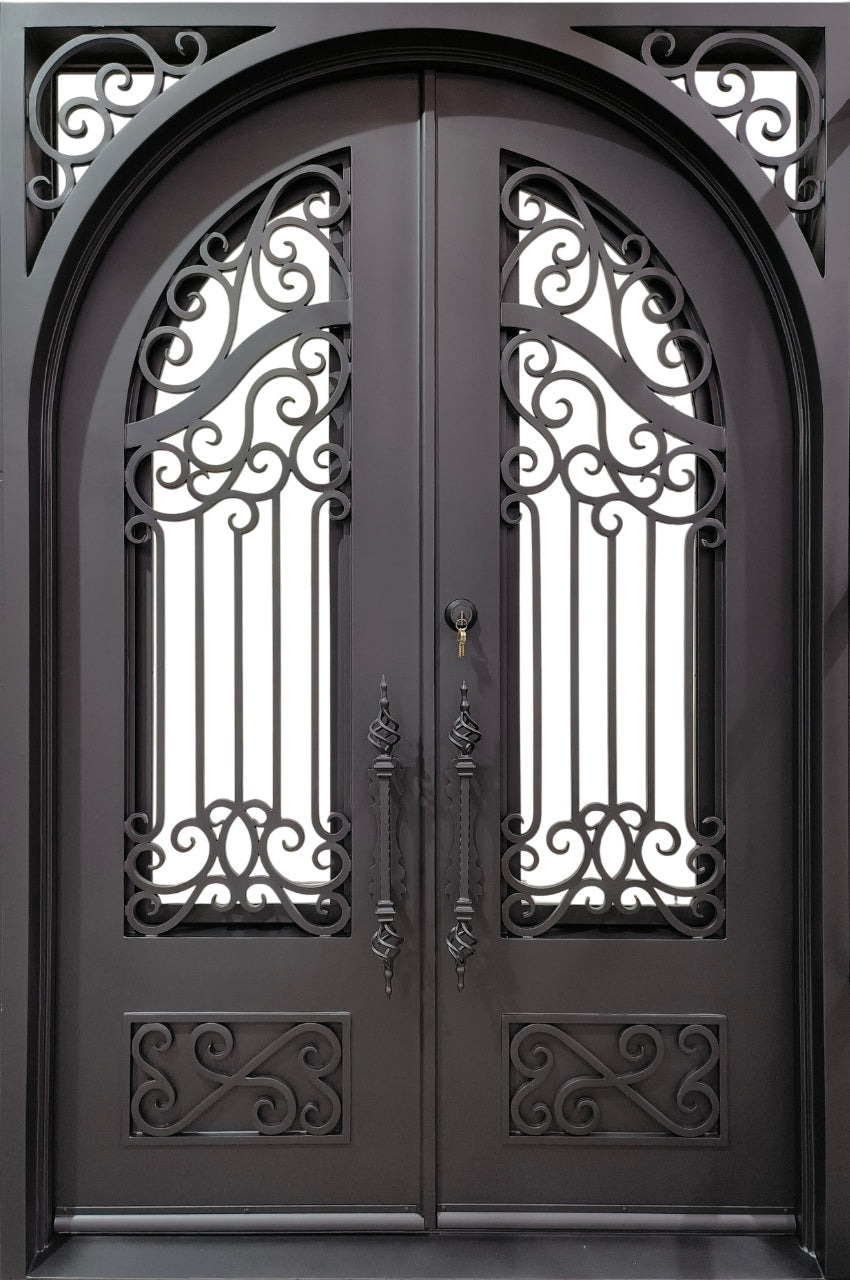 Arched Wrought Iron Double Door Ornamental Scrollwork in Matte Black With kickplate Model # IWD 1071