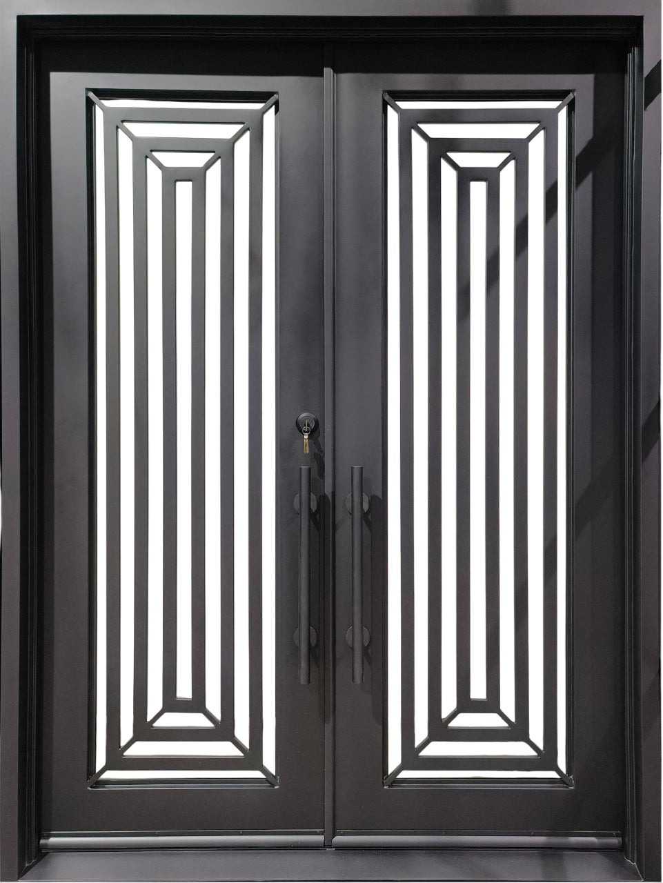 Graphic Linework Double Steel Door | Matte Black with Symmetrical Geometric Overlay Model # IWD 1072