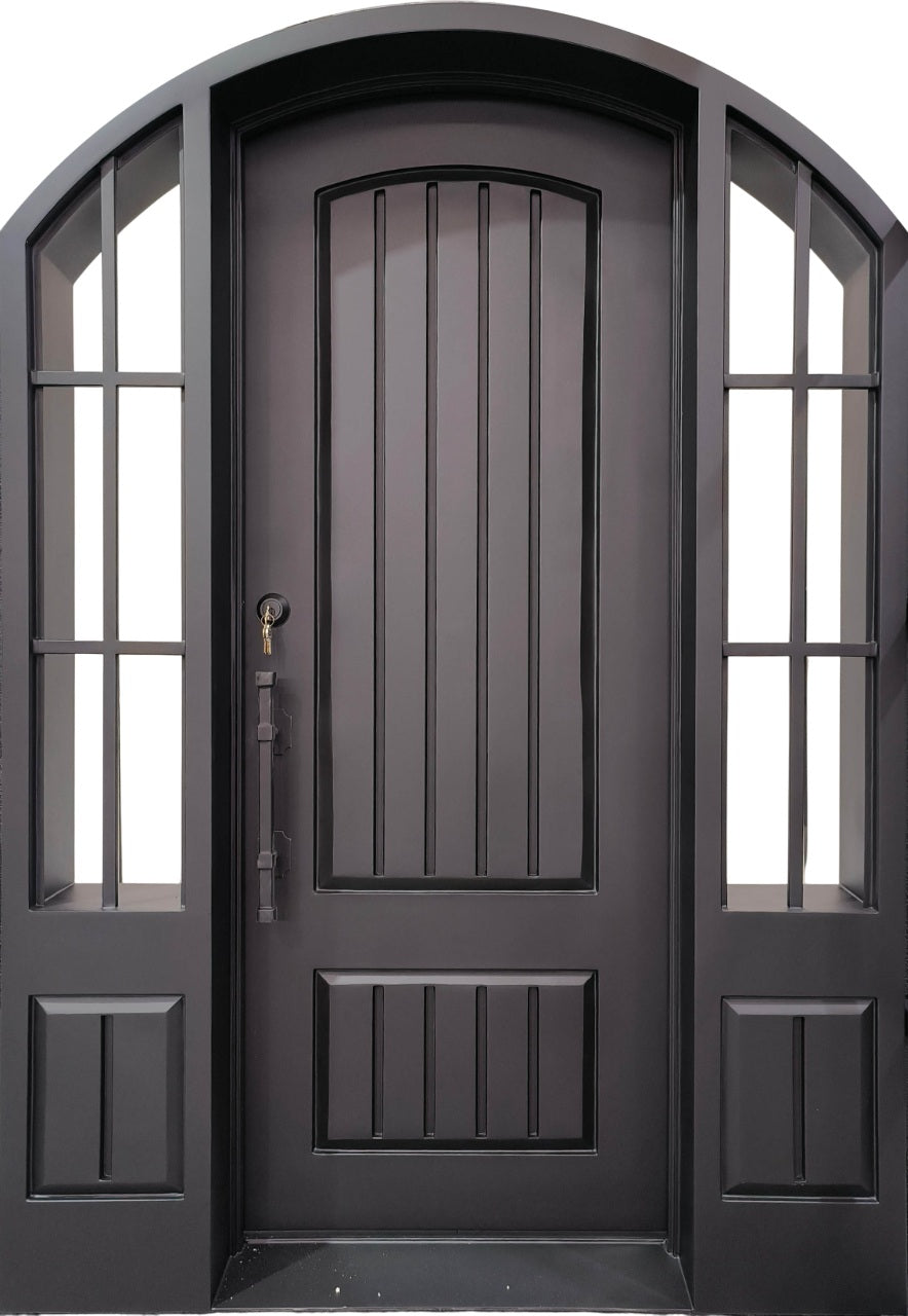 Arched-Top Steel Door with Vertical Panel Design and Grid Glass Sidelights Model # IWD 1082