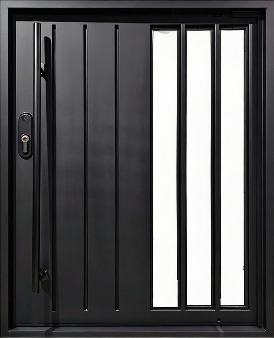 Vertical Glass Insert Steel Pivot Iron Door – Sleek Vertical Slat Design Model # IWD1083