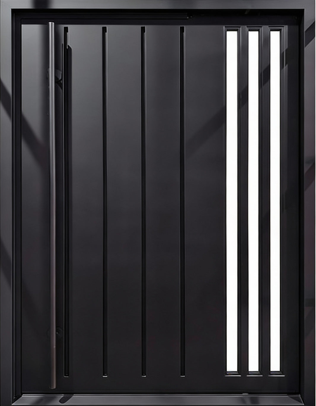 Linear Stripe Steel Pivot Iron Door – Sleek Vertical Slat Design Model # IWD1084