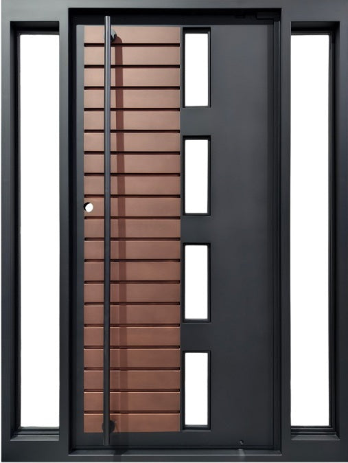 Hybrid Steel Entry Door Horizontal Woodgrain Slats & Vertical Glass Insets Pivot Design Model # IWD 1085