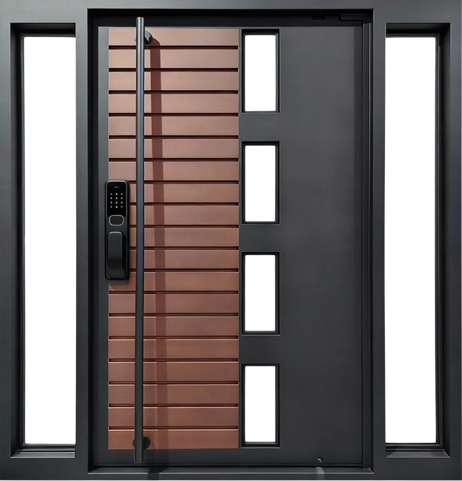 Hybrid Steel Entry Door Horizontal Woodgrain Slats & Vertical Glass Insets Pivot Design Model # IWD1085