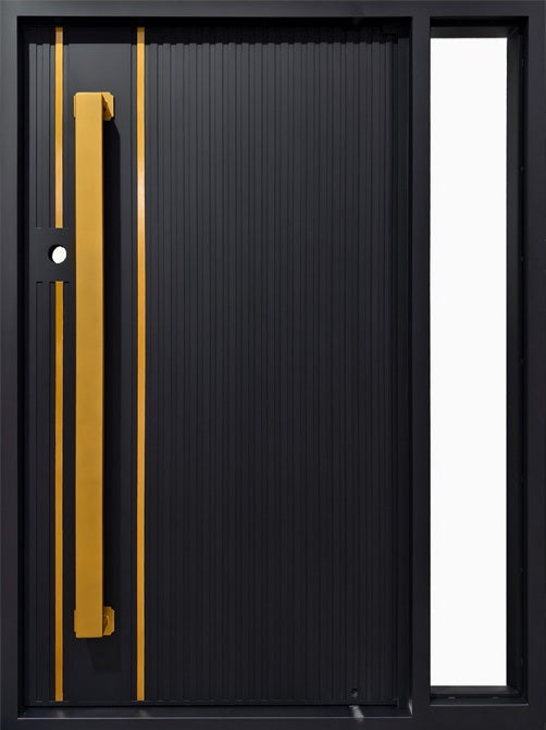 Modern Vertical Panel Iron Door with Brushed Brass Accents Square Top Model # IWD 1100