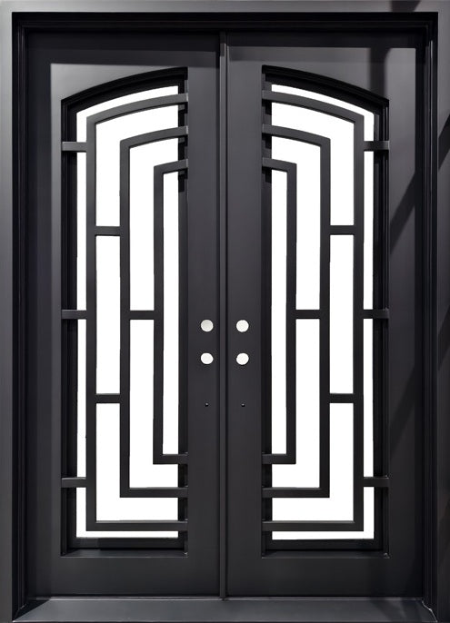 Minimalist Laser-Cut Wrought Iron Double Door with Rectilinear Grid Motif Square Top With kickplate Model # IWD 1103