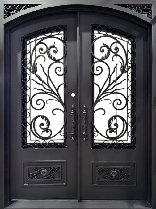 Arched Hand-Forged Wrought Iron Double Door with Floral Scroll Motif With kickplate Model # IWD 1104