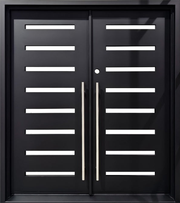 Contemporary Laser-Cut Wrought Iron Double Door with Asymmetric Panel Layout Square Top With kickplate Model # IWD 1105
