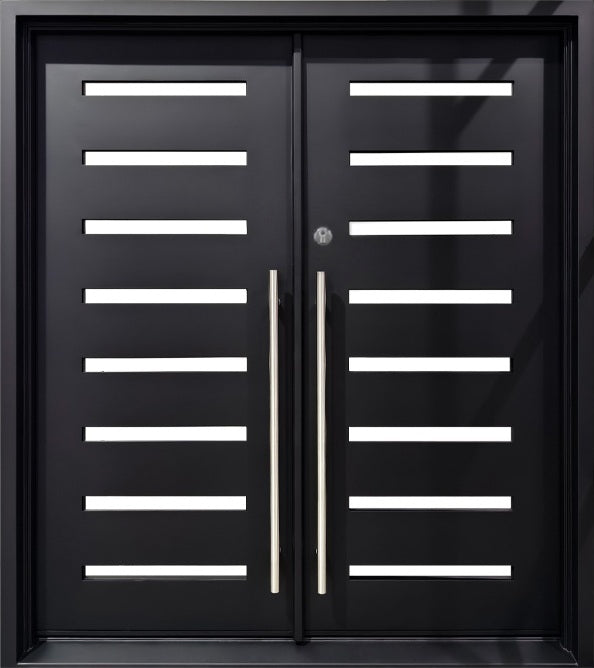 Contemporary Laser-Cut Wrought Iron Double Door with Asymmetric Panel Layout Square Top With kickplate Model # IWD1105