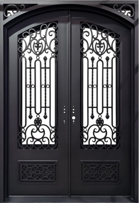 Hand-Forged Wrought Iron Double Door with Vertical Scroll Accent Square Top With kickplate Model # IWD 1106