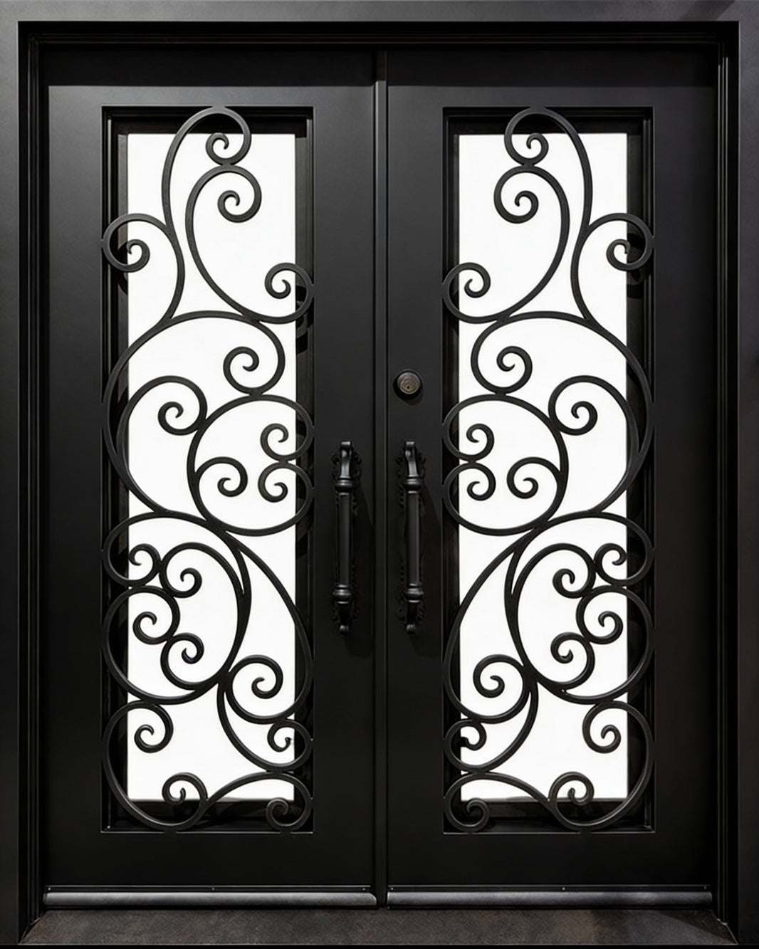 Forged Ornamental Wrought Iron Double Door with Scroll Motif Square Top With kickplate Model # IWD1107