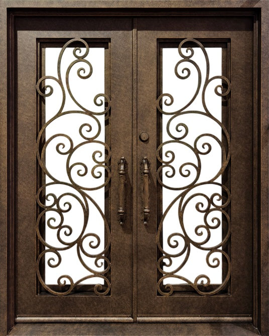 Forged Ornamental Wrought Iron Double Door with Scroll Motif Square Top With kickplate Model # IWD 1107