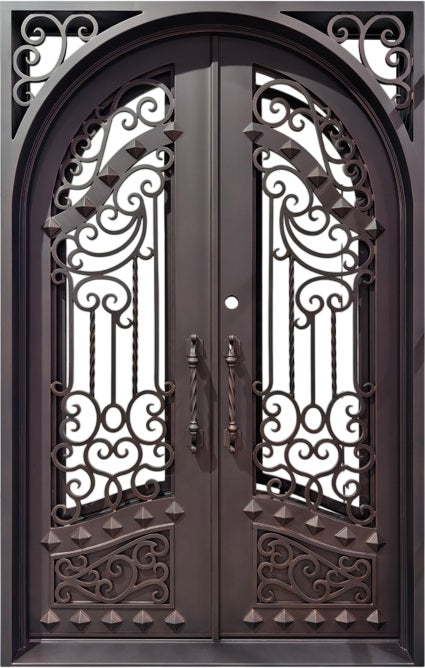 Hand-Forged Ornamental Iron Double Door with Arch and Square Top With kickplate Model # IWD 1108