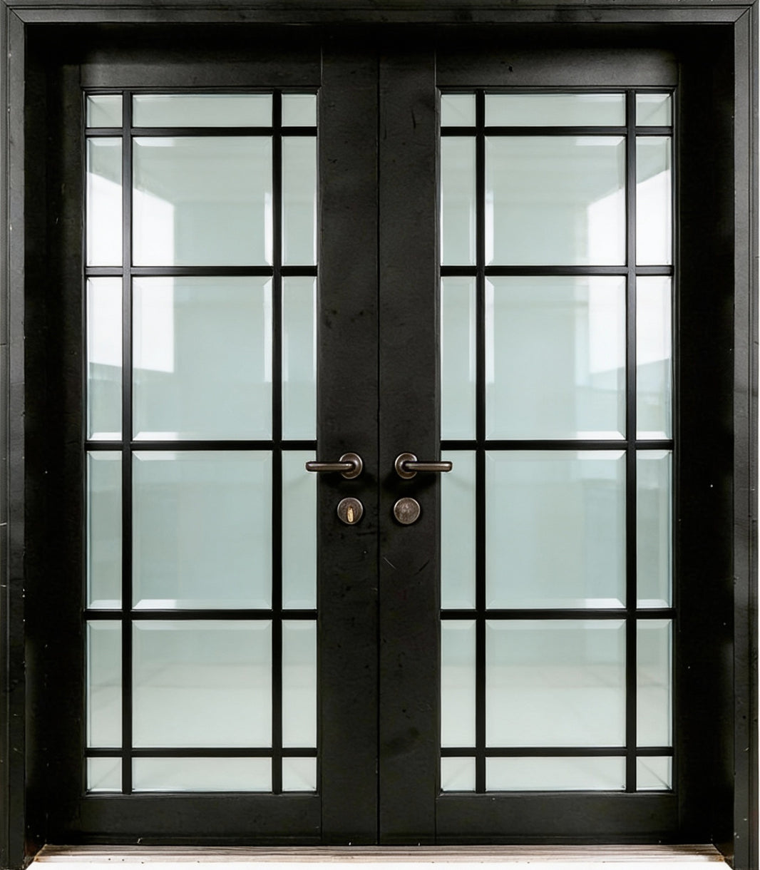 French Style Arched Wrought Iron Double Doors with Operable Clear Glass and Vertical Scrollwork Model # IWD895