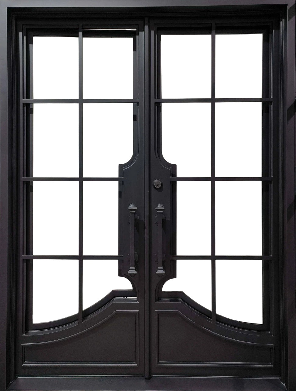 French Style Arched Wrought Iron Double Doors with Operable Clear Glass and Vertical Scrollwork Model # IWD 895