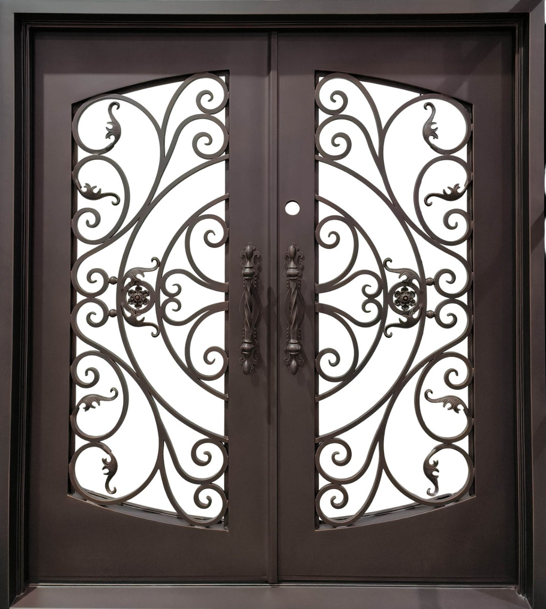 Arched Wrought Iron Double Entry Doors with Historical Grille Design and Clear Glass Panels Model IWD 896