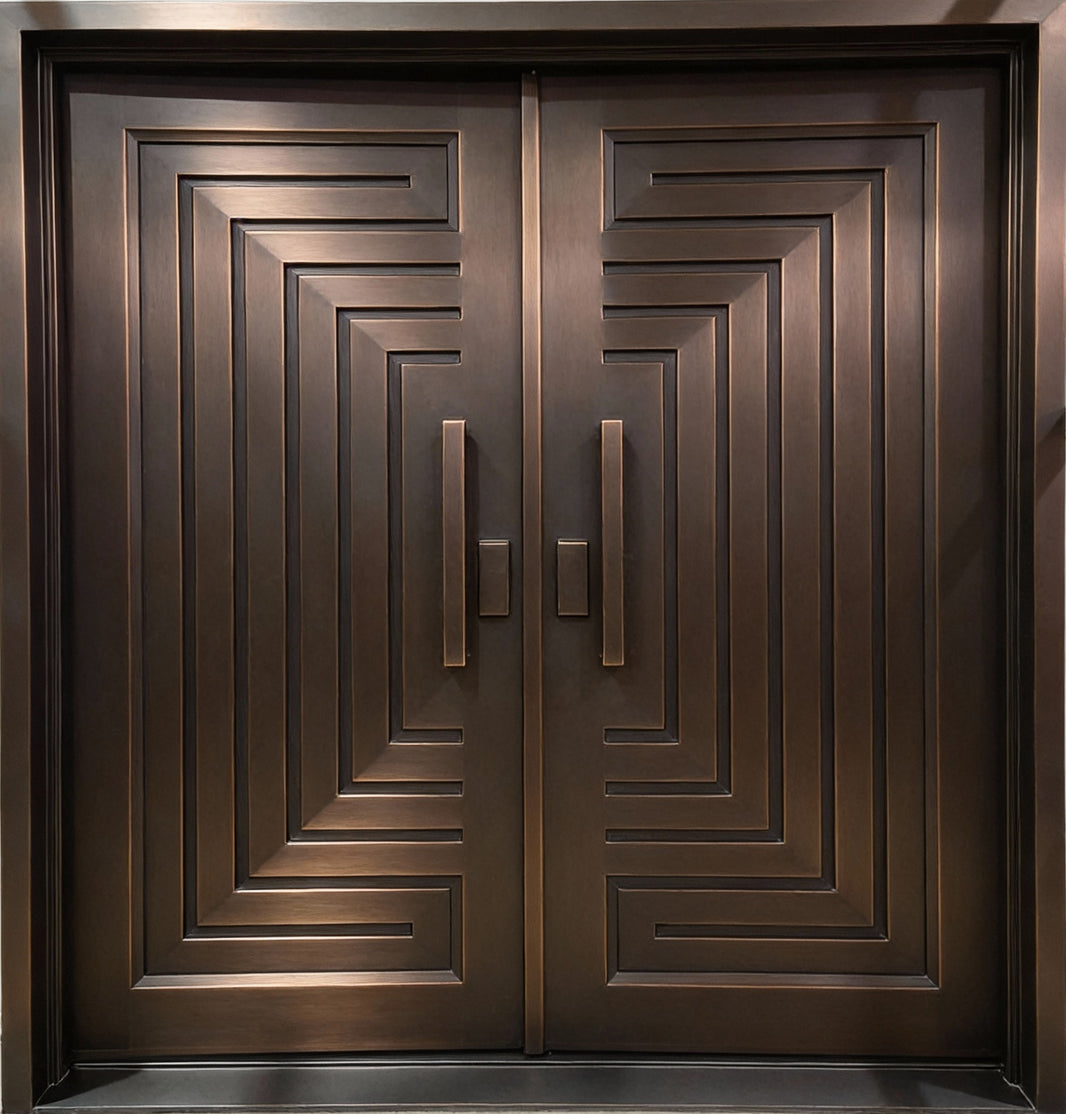 Luxury Wrought Iron Door with 3D Nested Angle Design – Double Panel Bronze Finish Model # IWD898