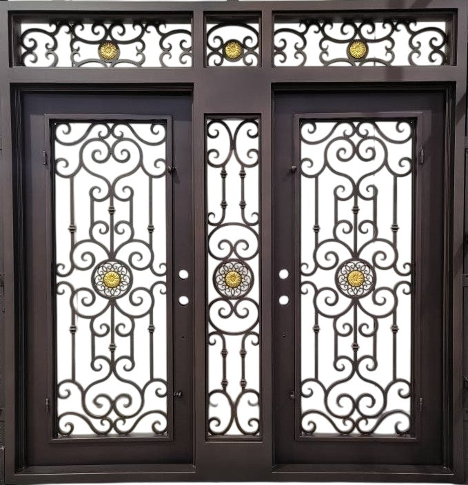 Square Top Wrought Iron Double Entry Doors with Scrollwork Panels and Frosted Glass Model # IWD 898