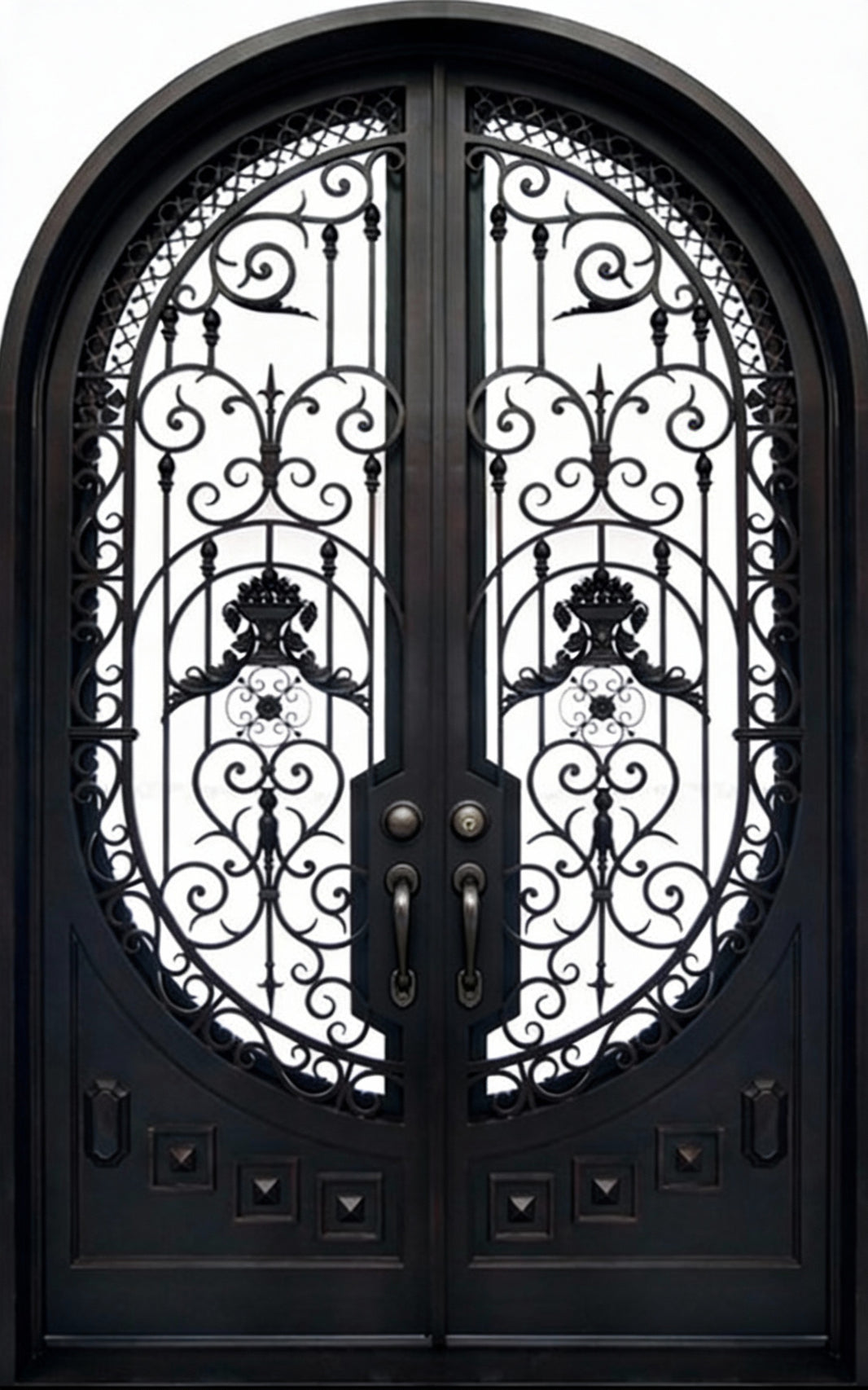 Arched Wrought Iron Double Swing Entry Doors with Decorative Scrollwork and Operable Glass Inserts Model IWD899