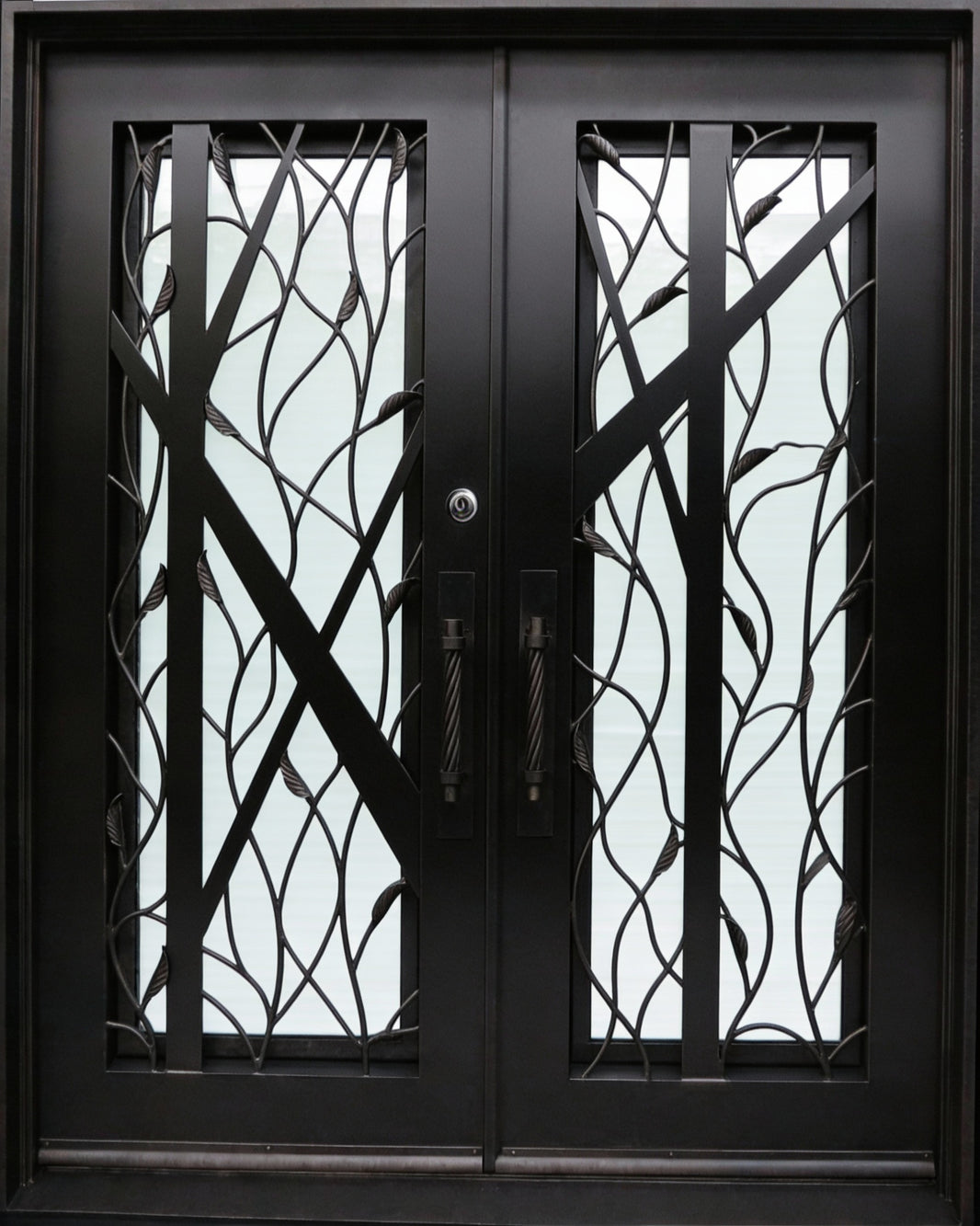 Plasma-Cut Square Top Steel Entry Door with Double-Pane Glass and Ornamental Detailing Model # IWD902