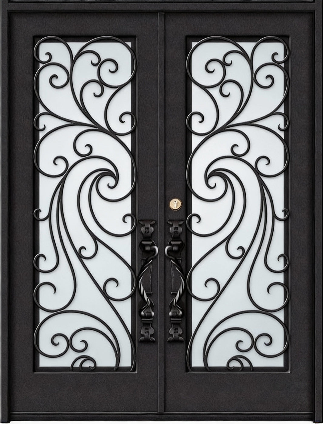 Square Top Wrought Iron Double Swing Doors with Arched Transom Window and Decorative Paneling Model # IWD904
