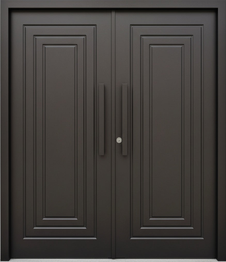 Square Top Modern Wrought Iron Entry Door with Kickplate and Frosted Glass Inserts Model IWD926