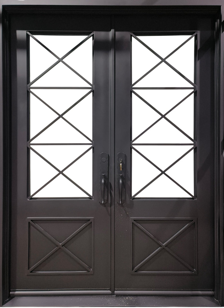 Wrought Iron Vatican Door with Square Top, Double Glass Panels, and Ornamental Kickplate – Model # IWD 948