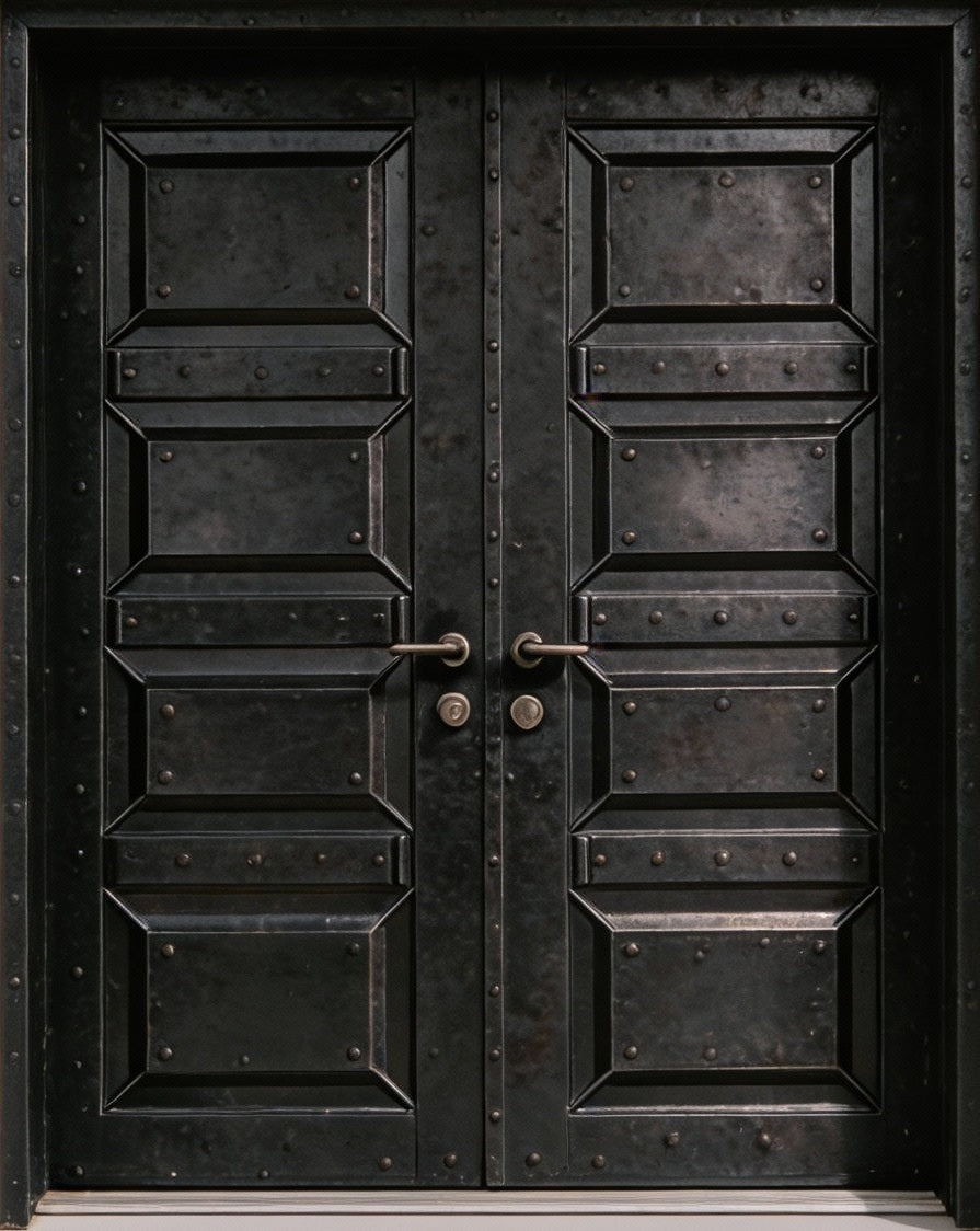 Arched Wrought Iron Double Door with Enhanced Floral Scrollwork and Dual Rosette Medallions – Model # IWD950