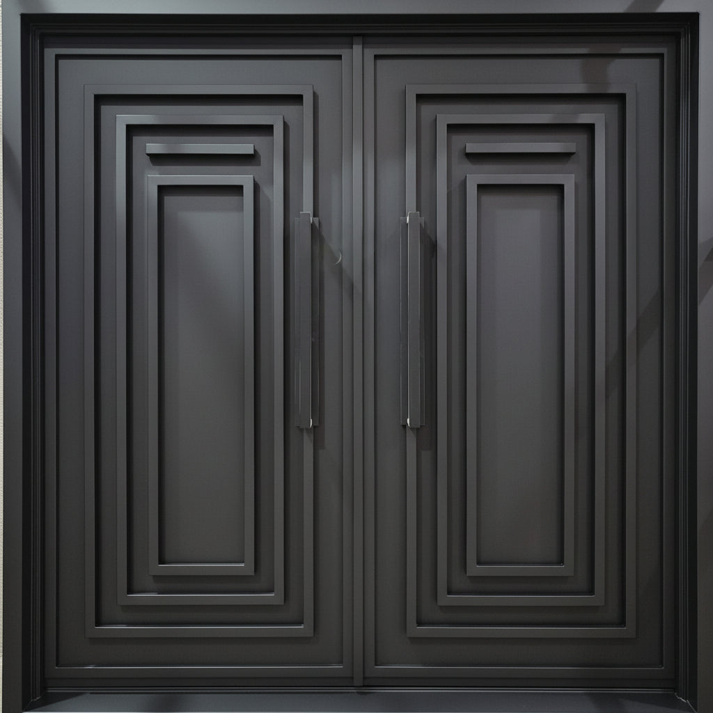 Arched Wrought Iron Double Entry Doors with Vertical Scroll Bar Detailing and Gold Accents Model IWD959